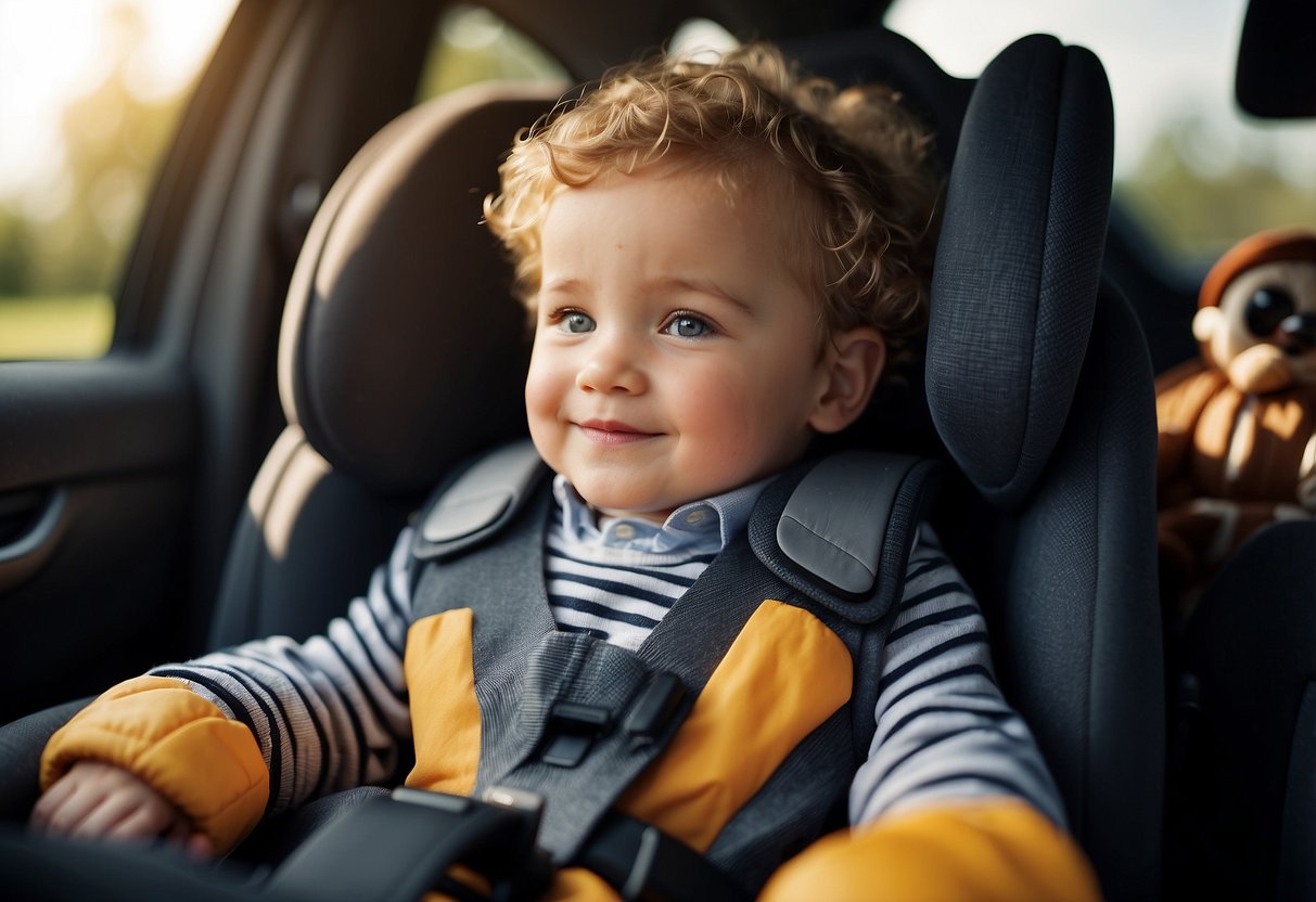 A child sits securely in a car seat, surrounded by toys and snacks. The car is equipped with safety features like seat belts and airbags. The road is clear and the weather is sunny