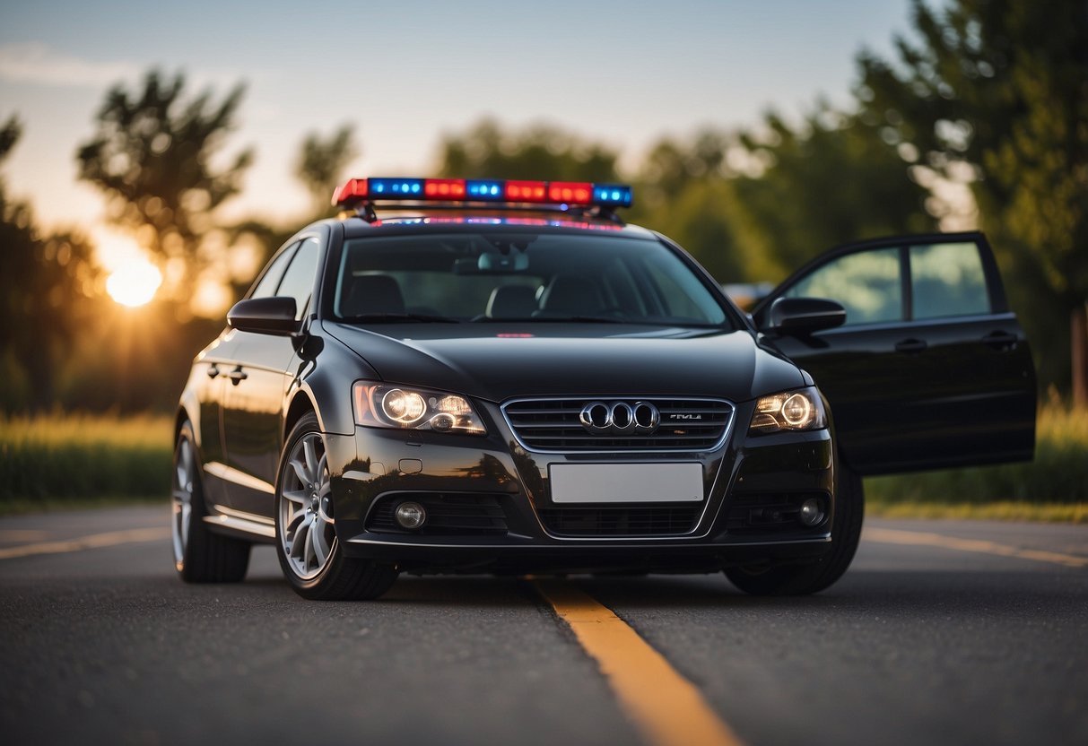 A car parked with open hood, tires checked, fluids topped up, lights and signals tested, seatbelts inspected, and emergency kit packed