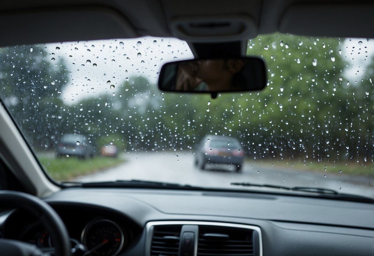 Rain droplets bead on the windshield as the wipers sweep back and forth, clearing the glass with each pass. The wipers move smoothly, ensuring clear visibility for the driver