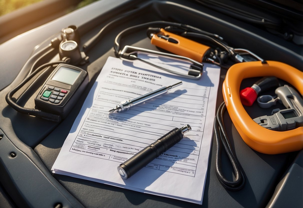 A table with a checklist of car safety items, including tire gauge, flashlight, jumper cables, and first aid kit. Car parked in background