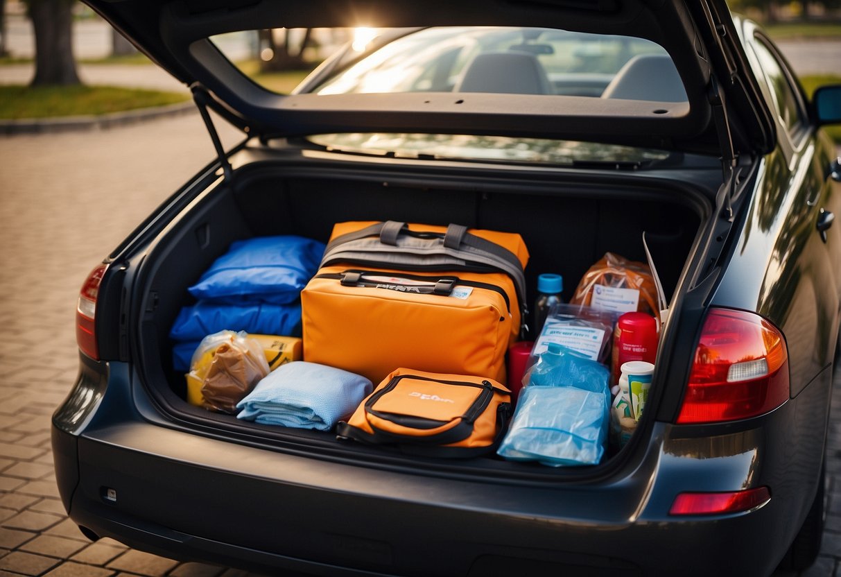 A car trunk open, revealing a neatly organized safety kit with items such as a first aid kit, flashlight, jumper cables, emergency blanket, water bottles, and non-perishable snacks