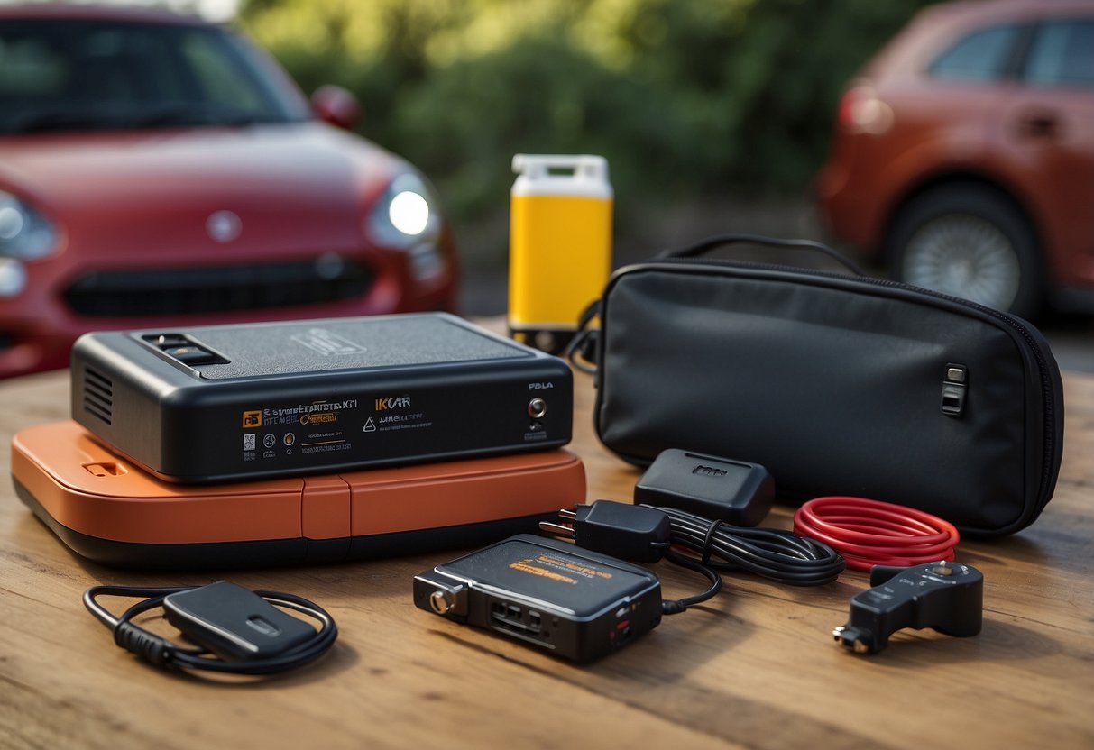 A portable jump starter sits neatly in a compact safety kit alongside other essential items for a family car