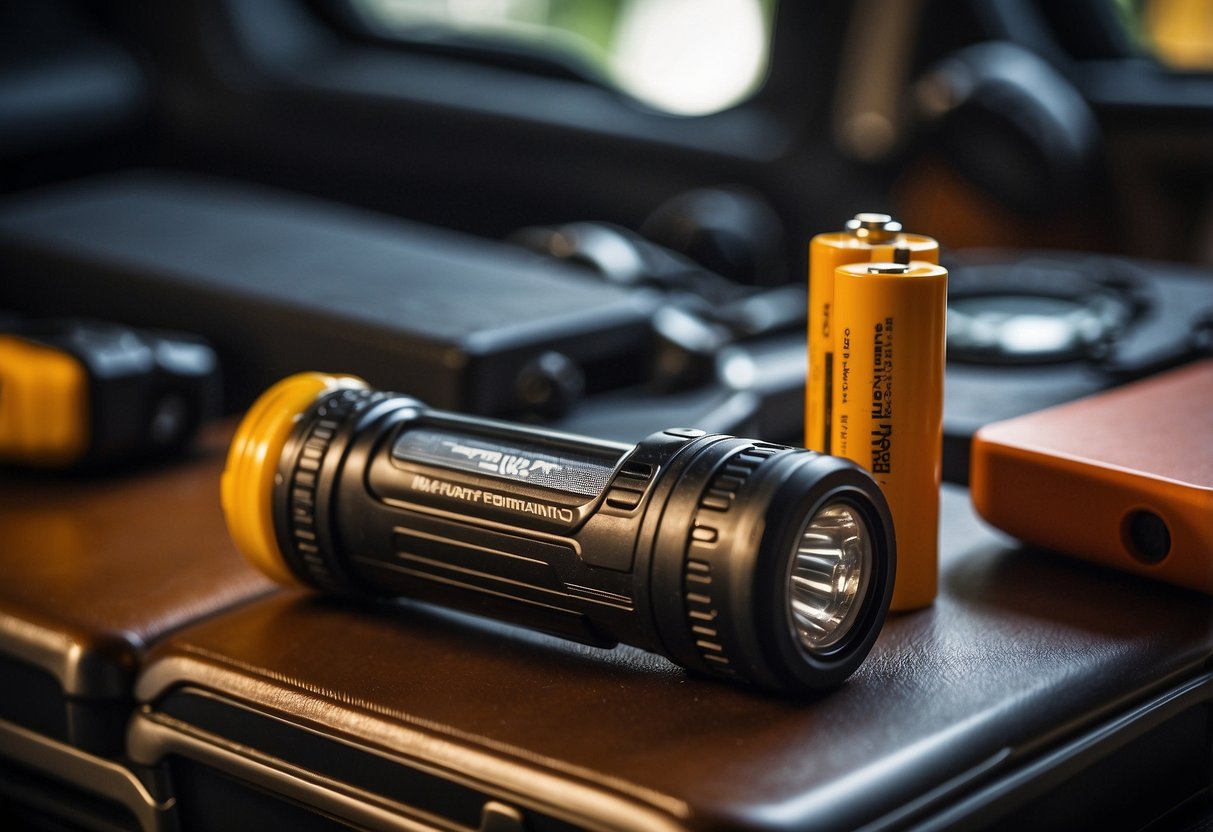 A flashlight and extra batteries sit neatly in a compact safety kit, ready for any emergency in the family car