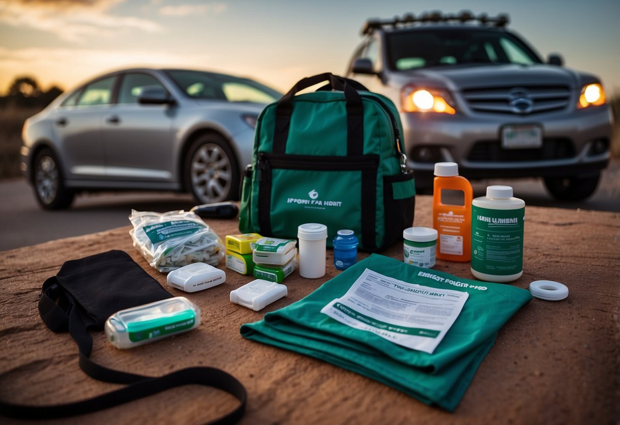 An emergency blanket is unfolded and laid out next to a family car safety kit, with other essential items such as a first aid kit and flashlight nearby