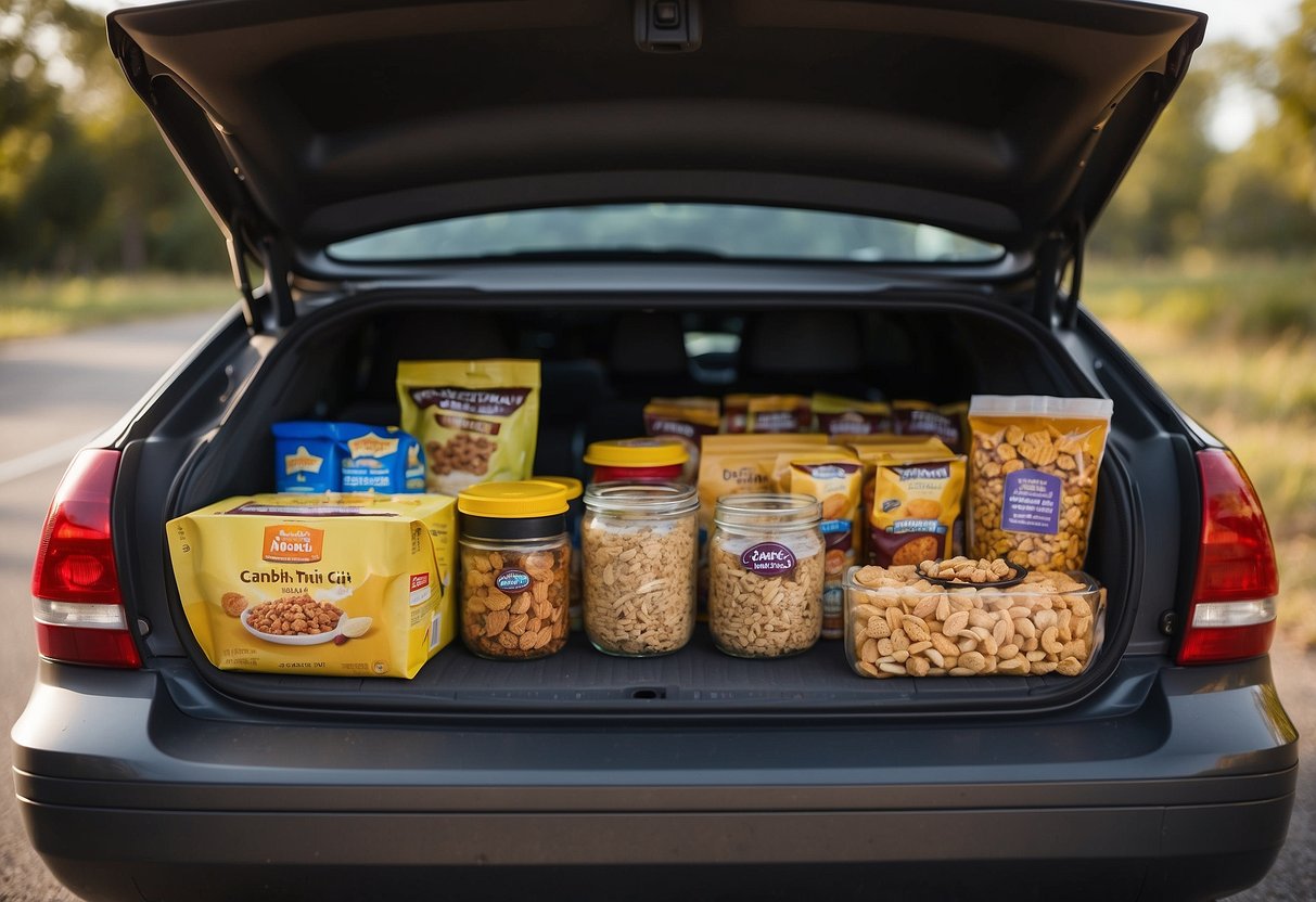 A car trunk open, revealing non-perishable snacks neatly organized in a safety kit. Items include granola bars, nuts, and dried fruit, ready for any family emergency on the road