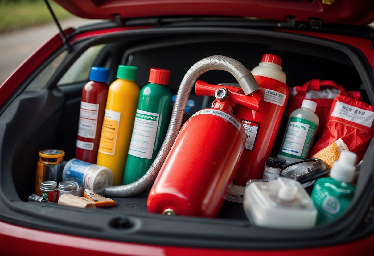 A fire extinguisher sits prominently in a car safety kit, surrounded by other essential items like a first aid kit and emergency supplies