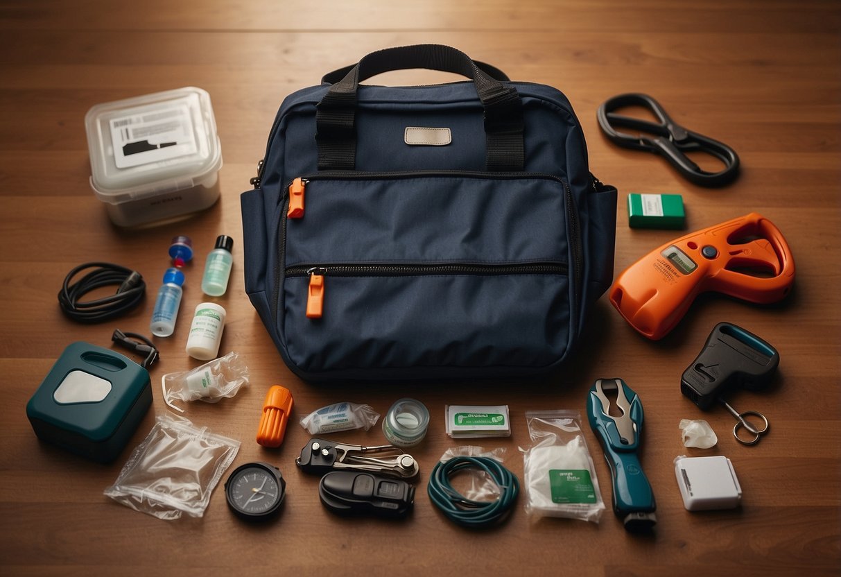 A family car safety kit spread out on a clean, organized surface. Items include a multi-tool, flashlight, first aid kit, jumper cables, and emergency blanket