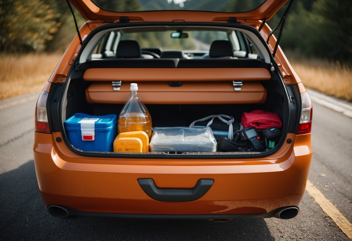 A car trunk open, revealing a safety kit with items such as a first aid kit, flashlight, jumper cables, emergency blanket, water bottles, non-perishable snacks, road flares, and a multi-tool