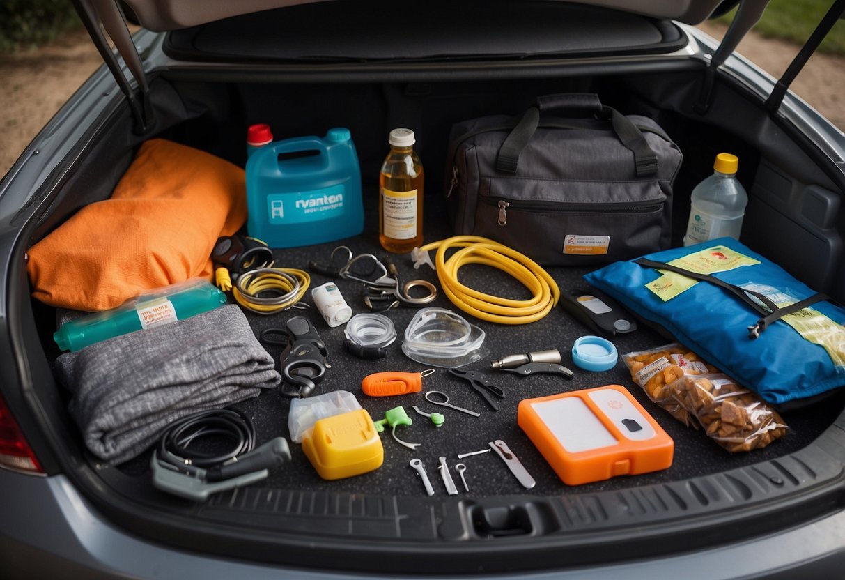 A car safety kit displayed in a trunk: flashlight, first aid kit, jumper cables, reflective triangles, water bottles, non-perishable snacks, blanket, gloves, and a multi-tool