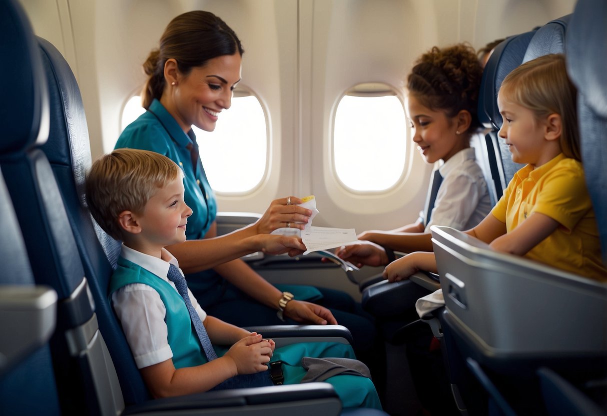 Children buckle into airplane seats. Seat belts are fastened securely. A flight attendant demonstrates safety procedures. Parents review emergency protocol cards. Luggage is stowed in overhead bins