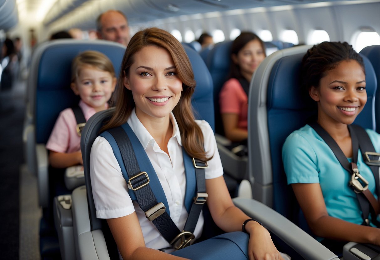 A family sits comfortably in their seats, with children secured in their safety harnesses. The flight attendant demonstrates safety procedures as the plane prepares for takeoff