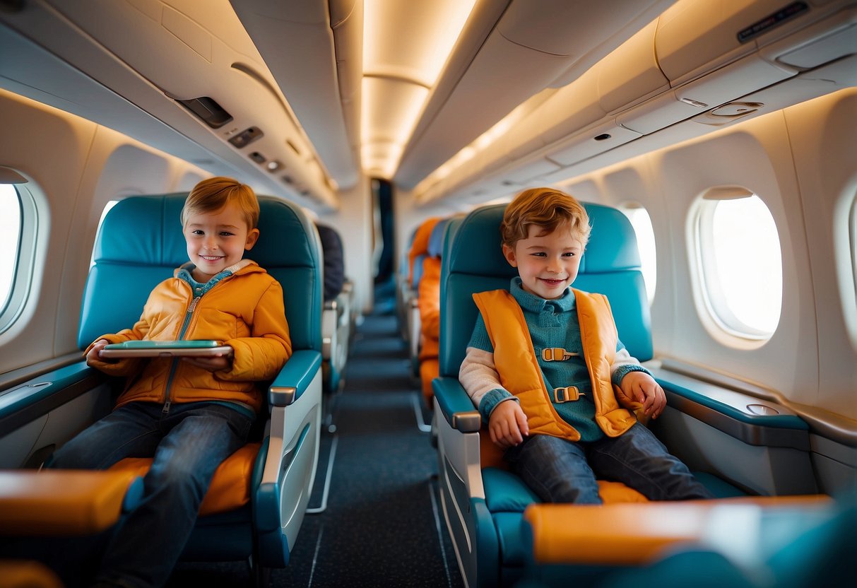 A colorful airplane cabin with child-friendly amenities and safety features, such as seatbelt buckles and entertainment options, surrounded by happy and engaged children