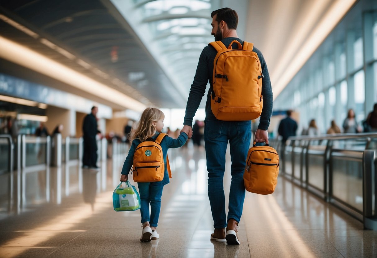 A backpack filled with healthy snacks, a water bottle, and a small first aid kit. A parent holding a child's hand while walking through an airport terminal