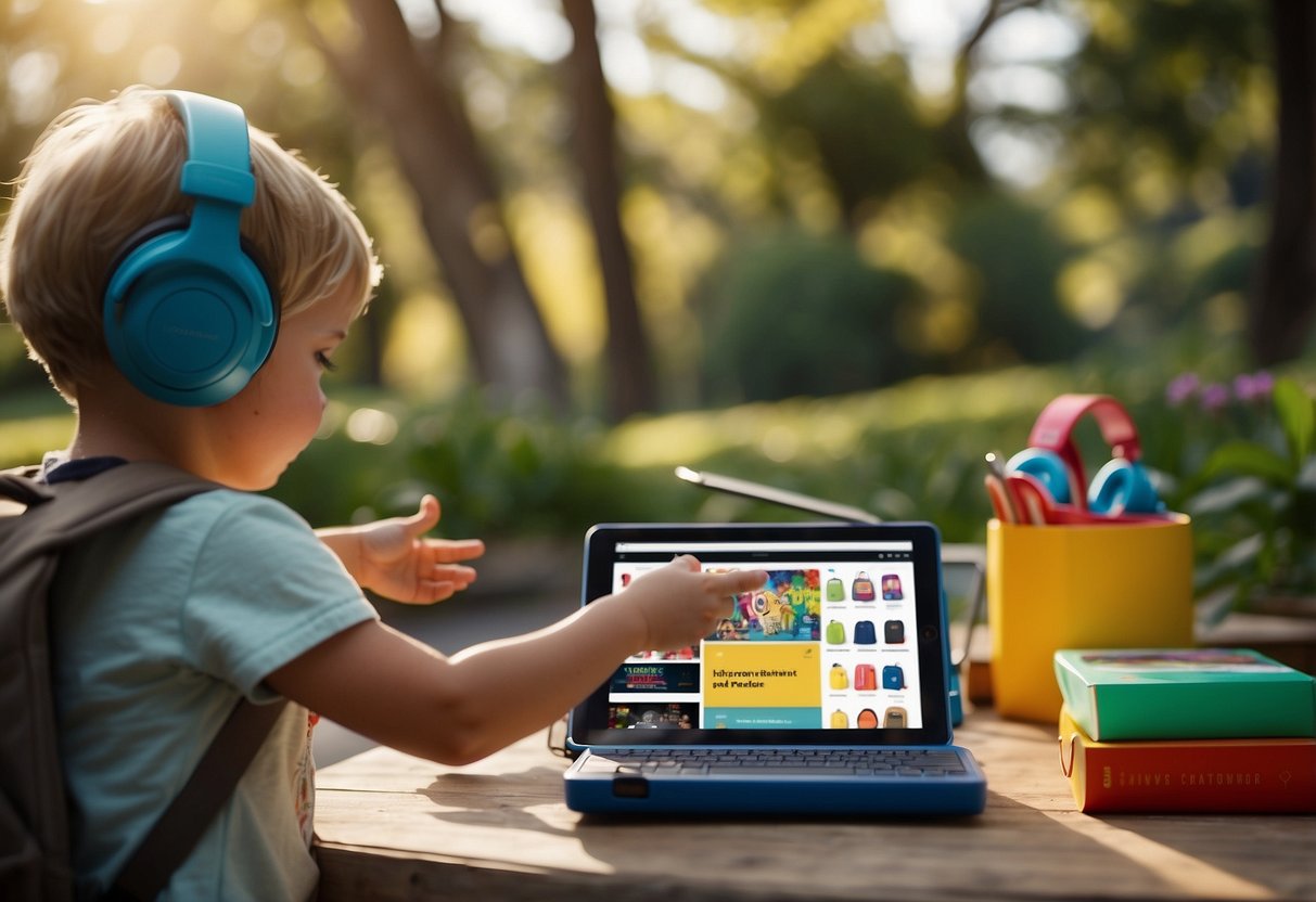 A child's suitcase open with a tablet, headphones, and coloring book spilling out. A parent's hand reaching in to organize the items