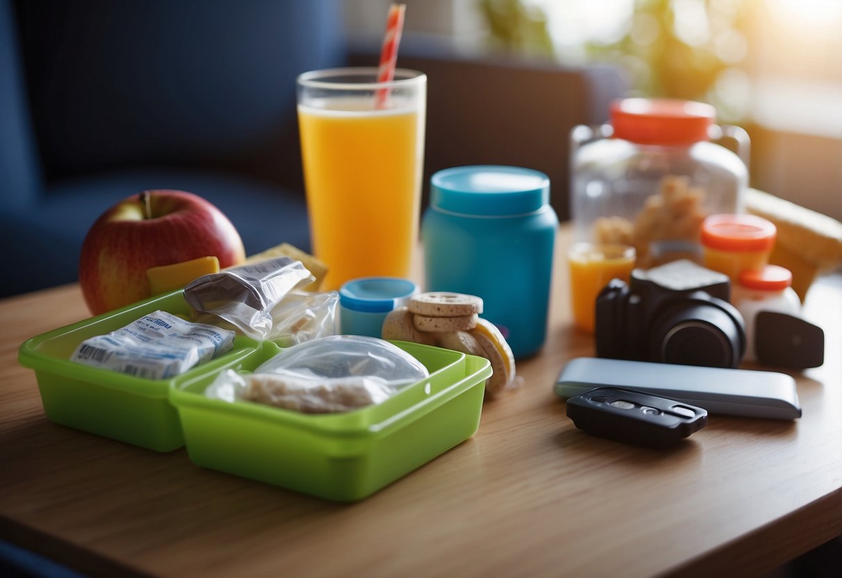 A parent organizes child's essentials: ID, medication, snacks, toys, and comfort items on a table before a flight