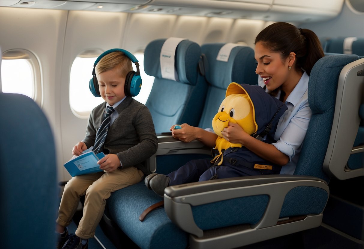 A child's backpack stowed securely under the seat. A flight attendant demonstrating how to fasten a seatbelt. A parent pointing out the nearest emergency exits. A child wearing noise-canceling headphones. A safety card being reviewed