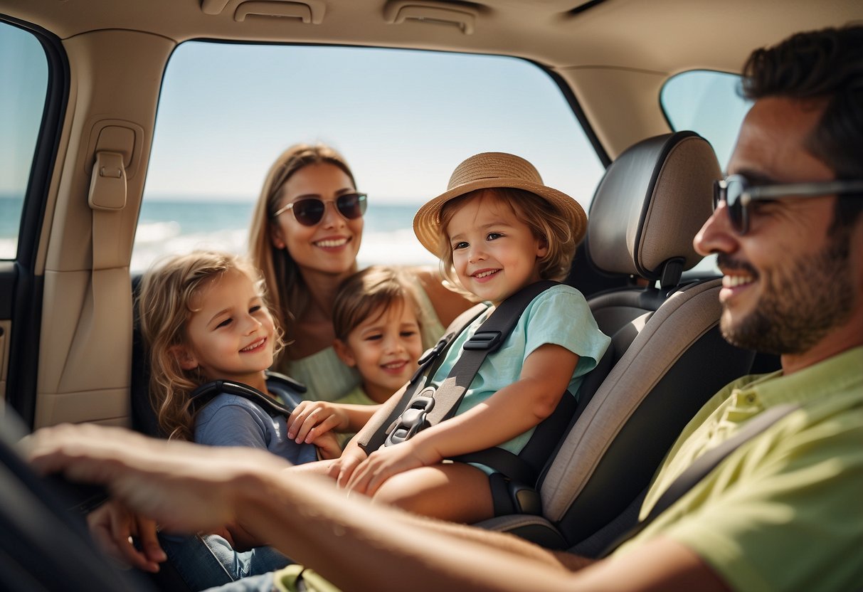 A family with young children follows travel safety tips: buckle up in car seats, hold hands in crowded places, and wear sunscreen at the beach