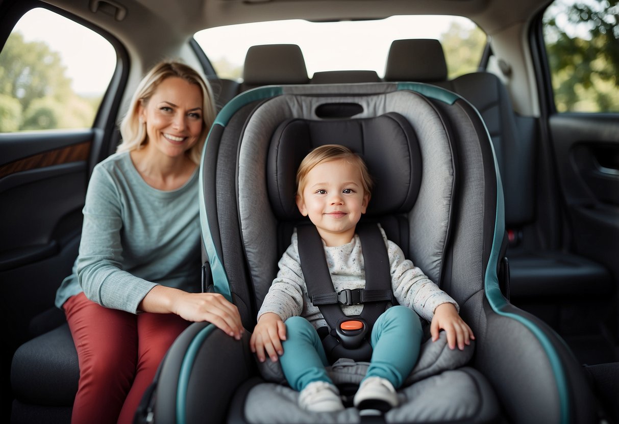 A family packs child-friendly travel gear, including car seats and strollers, while following safety tips