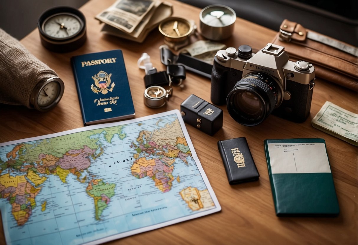 A family's travel essentials spread out on a table: passports, emergency contact numbers, first aid kit, and a map