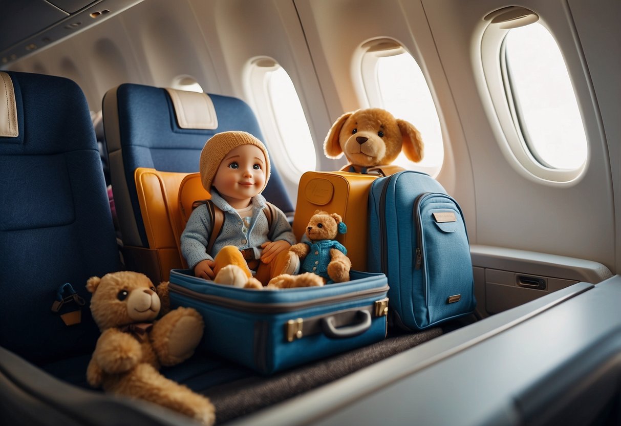 A family of four boards a plane with luggage and children's toys. Safety pamphlets and seatbelts are visible