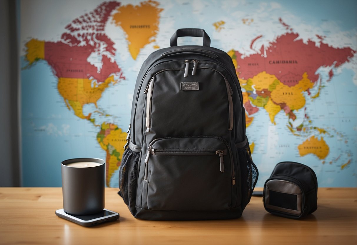 Children's backpack with GPS tracker attached. Parents packing travel essentials. Family checklist on table. Safety tips list on wall. Excited kids looking at world map