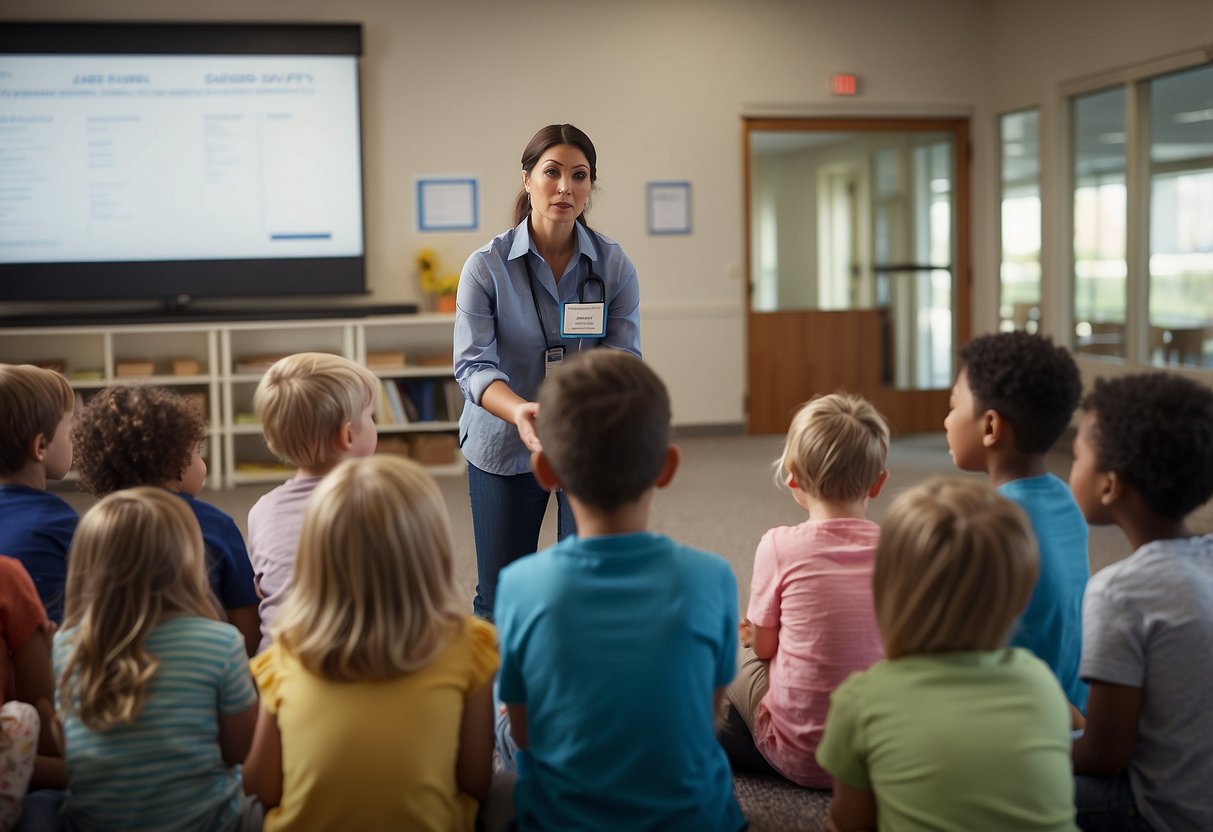 Families gather around a safety instructor demonstrating emergency protocols. Children listen attentively as the instructor shares travel safety tips