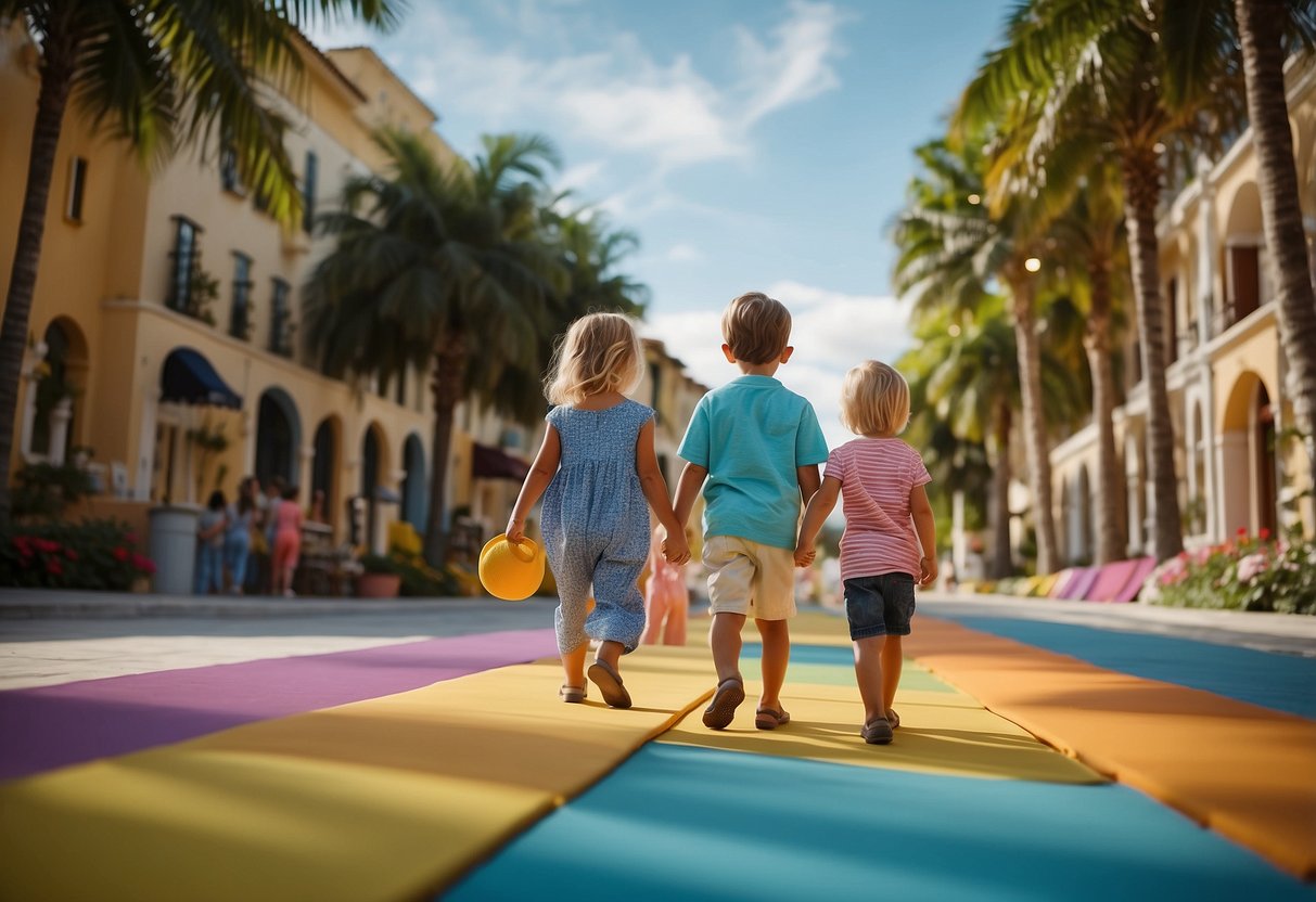 A family with young children explores a colorful and inviting child-friendly destination. They follow safety tips while enjoying their vacation