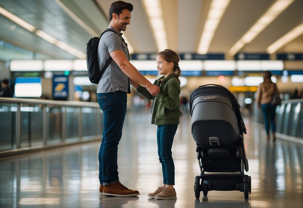 A family stands near a luggage carousel, with parents holding hands and smiling. A child is seated in a stroller, and a suitcase is nearby. The airport is bustling with people, and signs for various destinations are visible