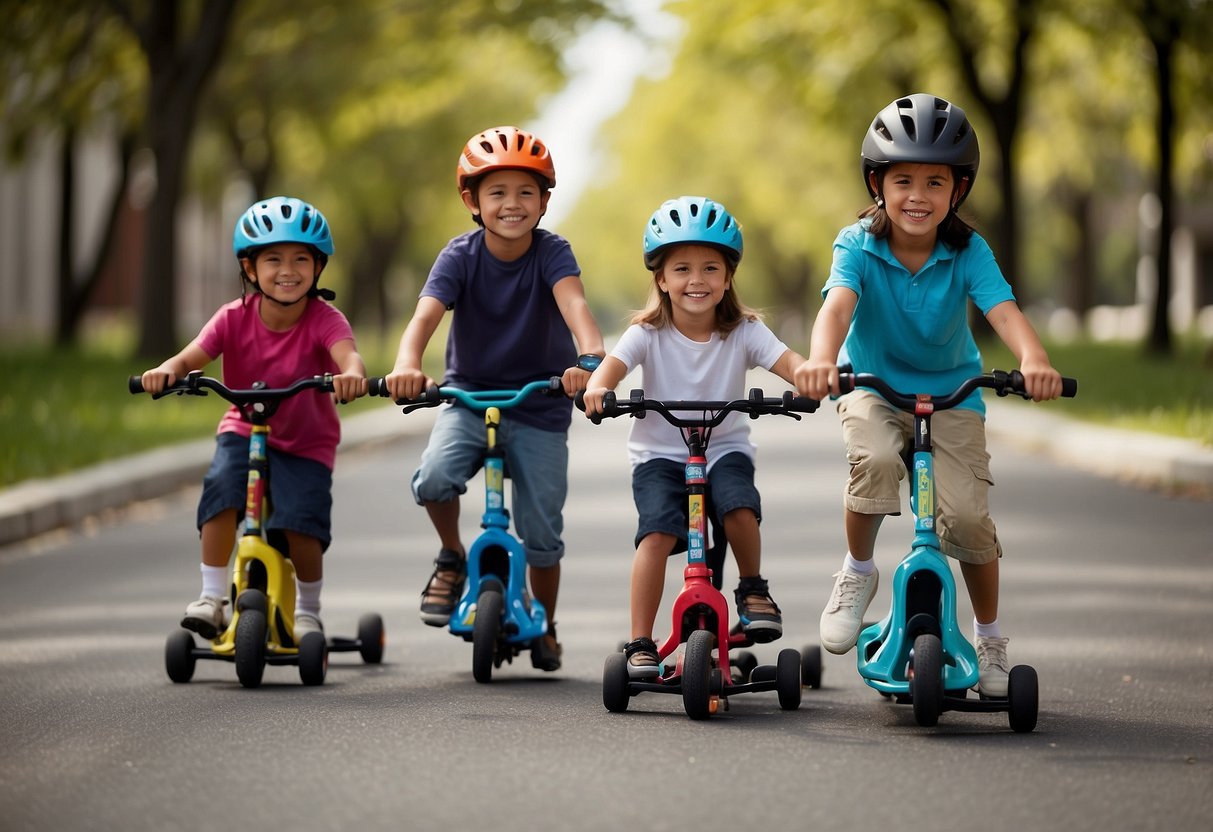 Children follow safety rules while riding bikes, scooters, and skateboards. Helmets, knee and elbow pads, and proper hand signals are shown