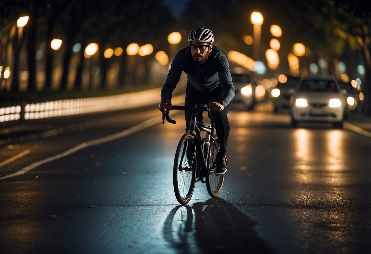 A cyclist rides at night, following 10 safety rules for bikes, scooters, and skateboards. Lights and reflectors illuminate the path, ensuring visibility and safety