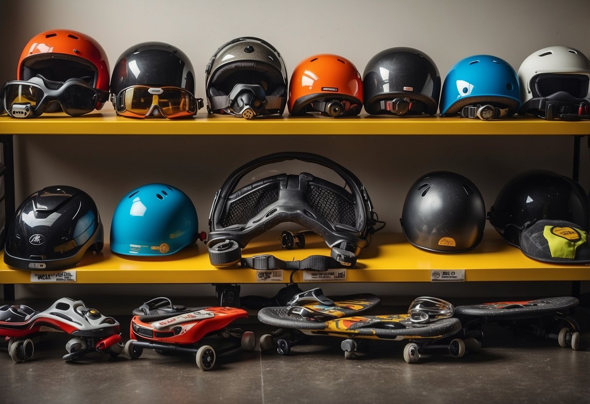 A bike, scooter, and skateboard neatly arranged with helmets, pads, and tools. A safety checklist hangs on the wall. Bright colors and clear labels