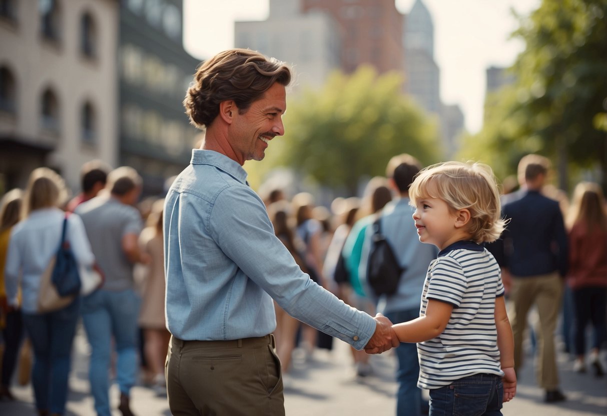 A child holding a parent's hand, surrounded by a crowd. The parent is pointing out landmarks and teaching the child about staying close and being aware of their surroundings