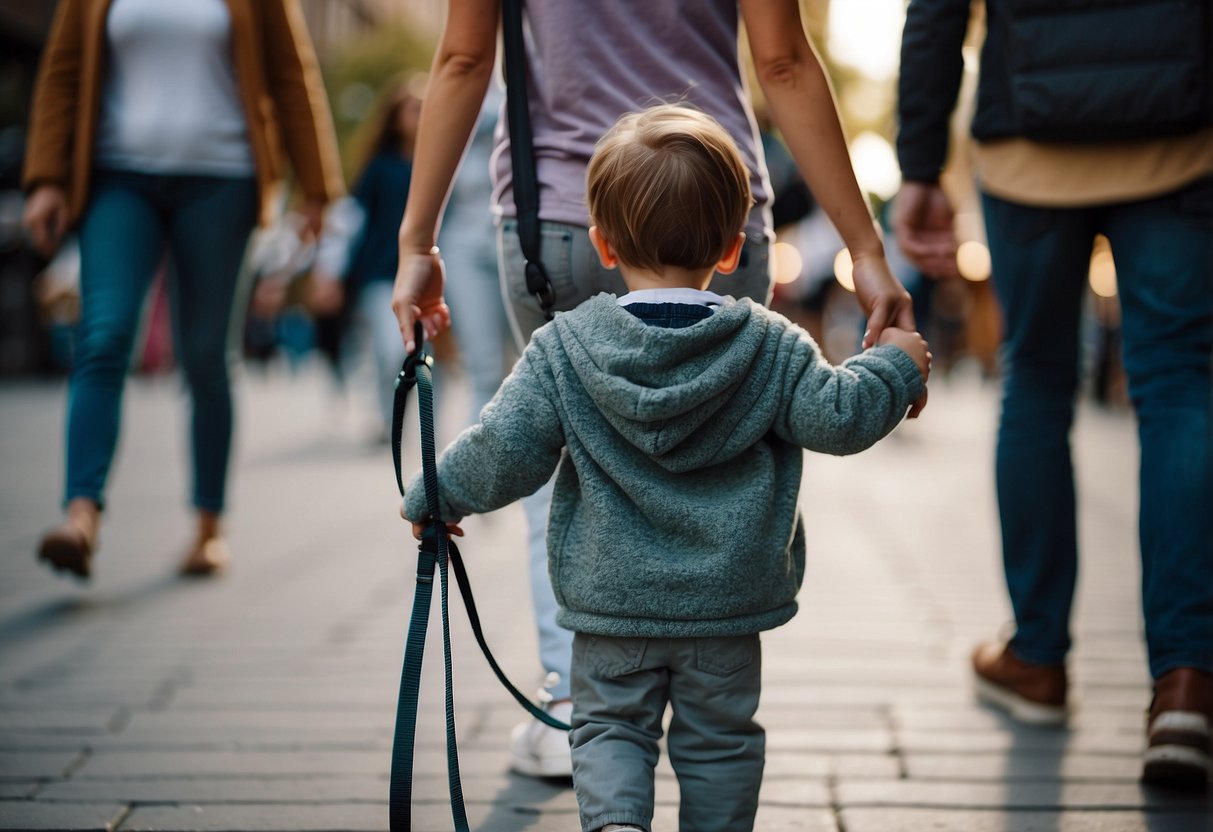 A child leash attached to a parent's hand in a crowded area