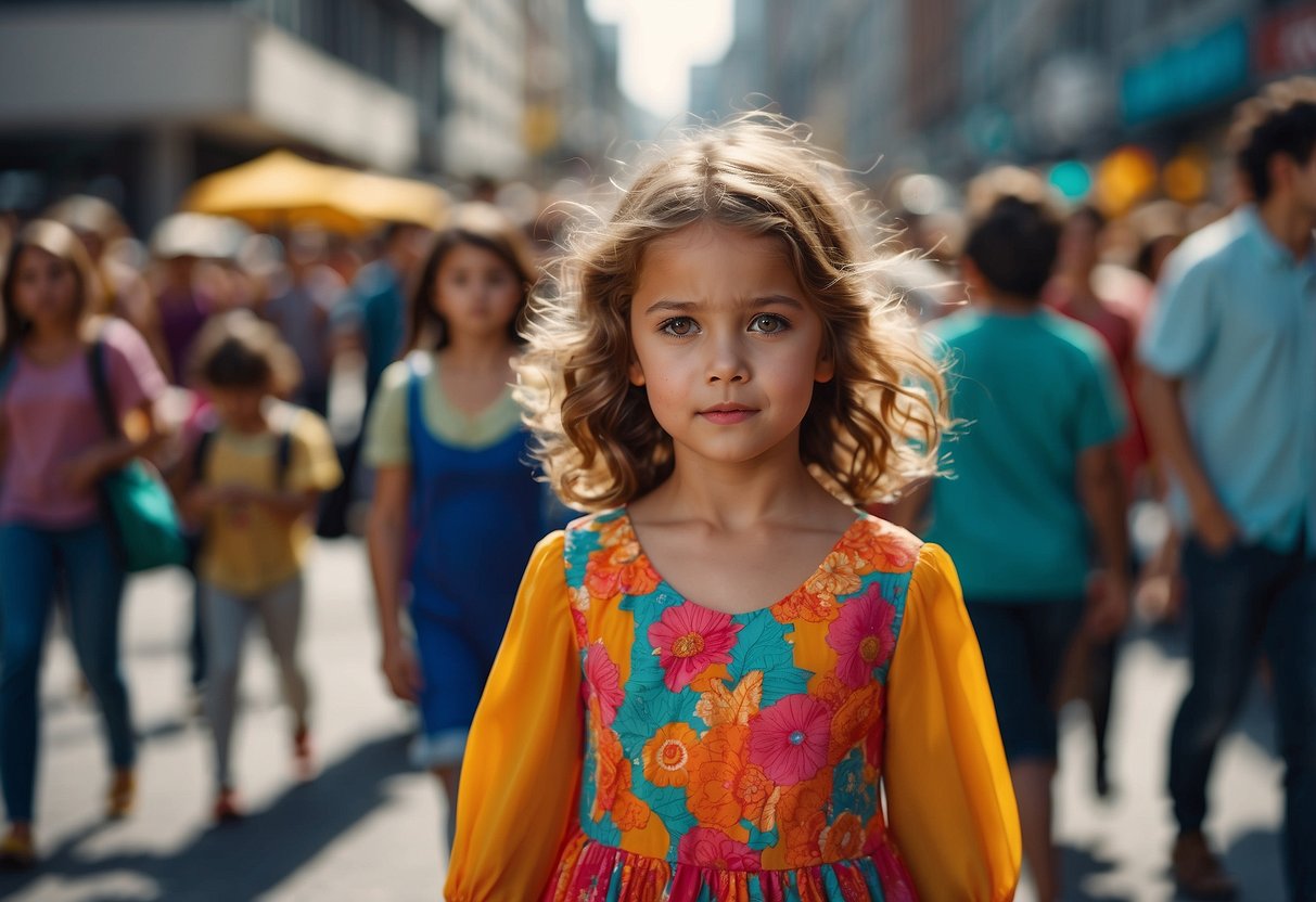 A child in a vibrant dress stands out in a crowded area, surrounded by a sea of people. Bright colors contrast with the bustling scene, emphasizing the need for safety