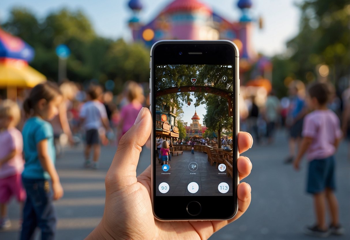 A child's hand holding a phone with the number displayed. Surrounding the phone are crowded places such as a park, mall, and amusement park