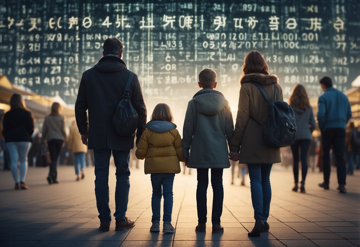 A family uses a secret code word in a crowded place. Parents and child are alert and connected. Safety tips are visible