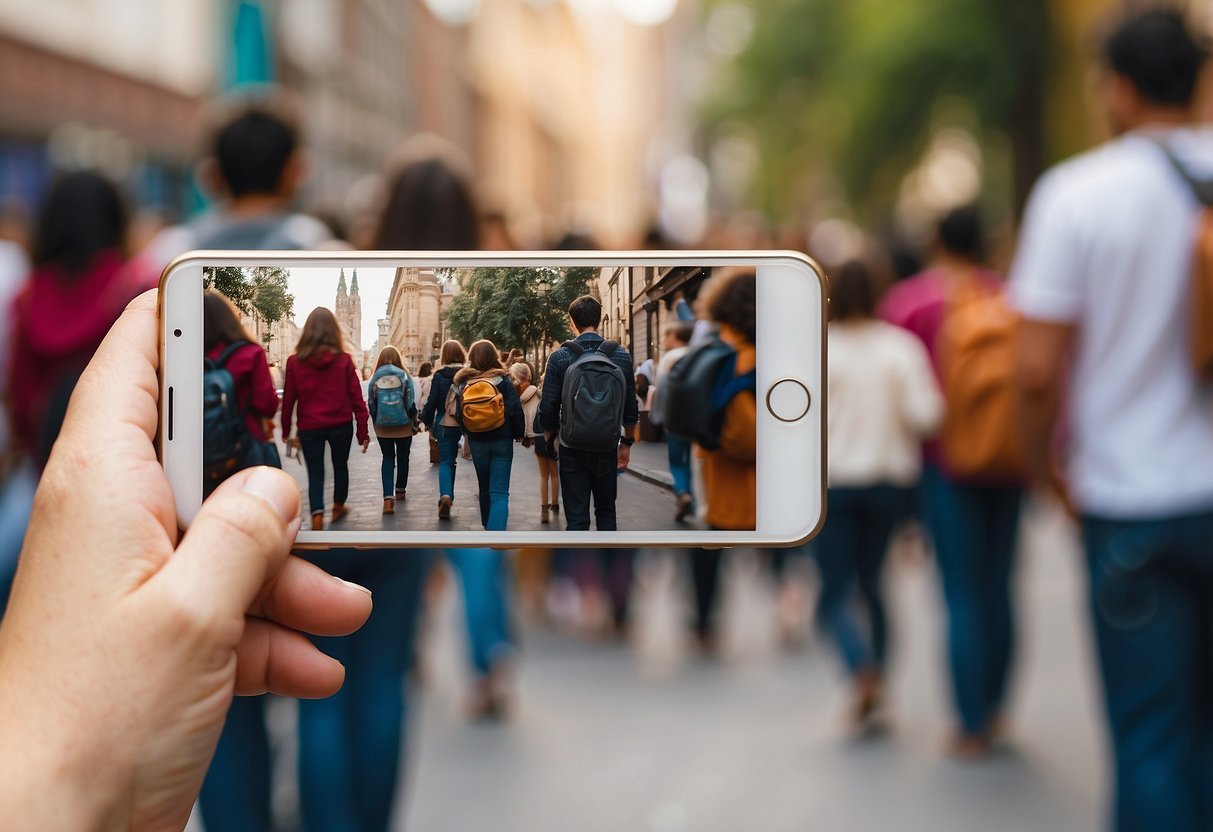 A hand holding a photo of a child with a crowd in the background