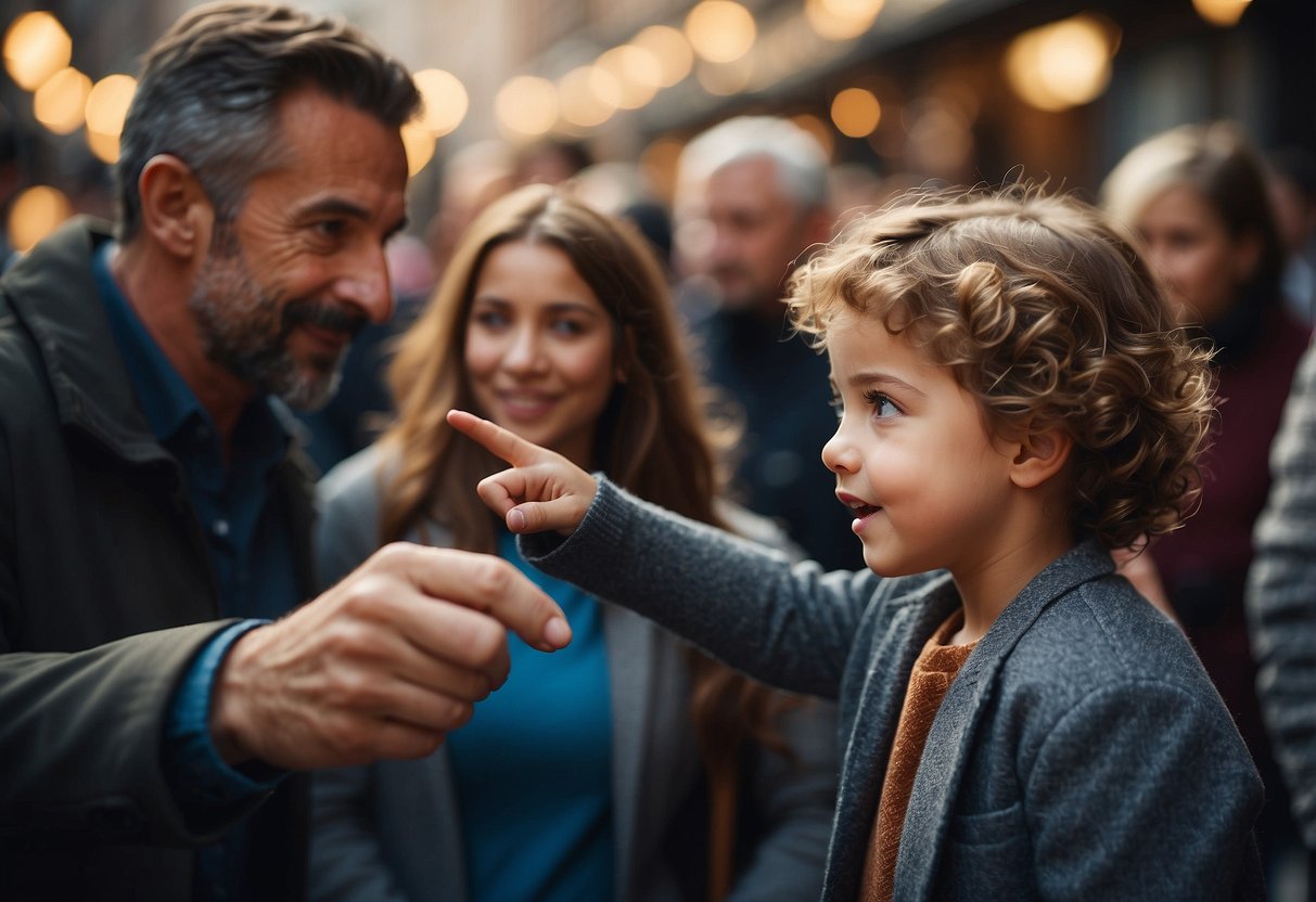 A child points to a trusted adult in a crowded place, following 7 safety tips