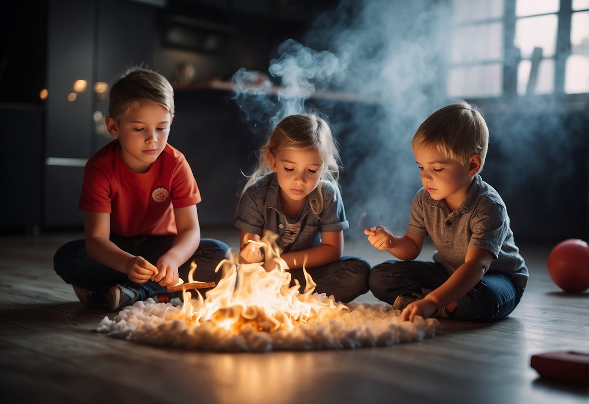 Children learning fire safety rules: stop, drop, and roll; crawl low under smoke; never play with matches; know escape routes; test smoke alarms