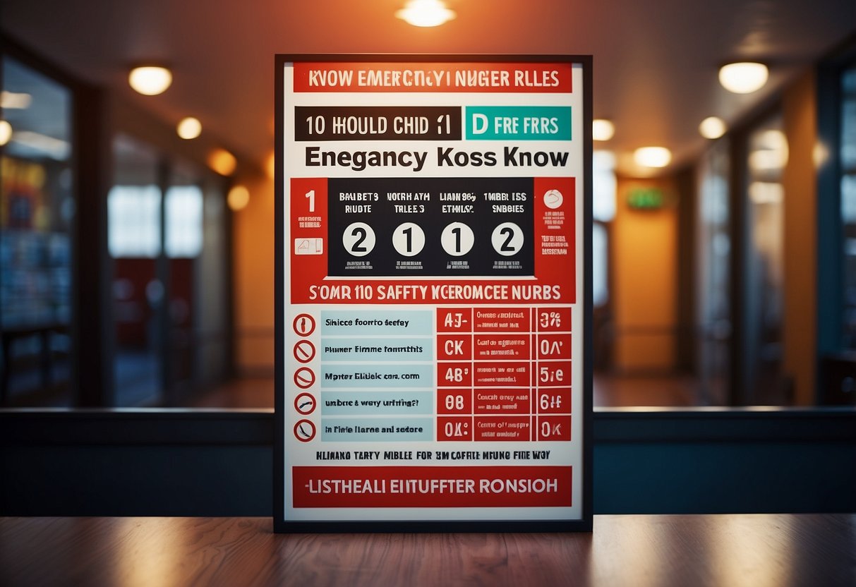 Brightly colored poster with bold text "Know Emergency Numbers" and "10 Fire Safety Rules Every Child Should Know". Illustrate with fire extinguisher, smoke alarm, and emergency phone numbers