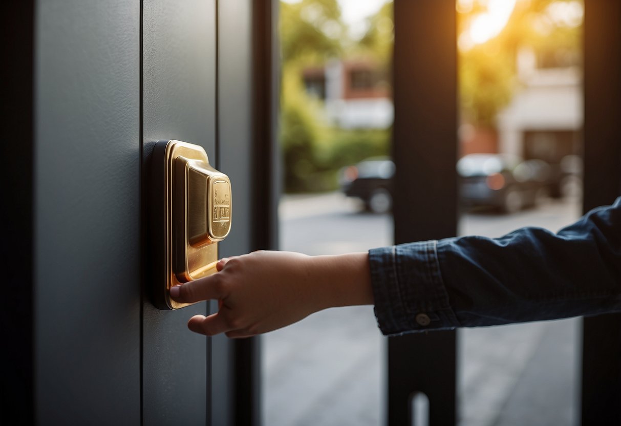 A hand reaching out to touch a door handle before opening it, with a sign nearby listing "10 Fire Safety Rules Every Child Should Know."