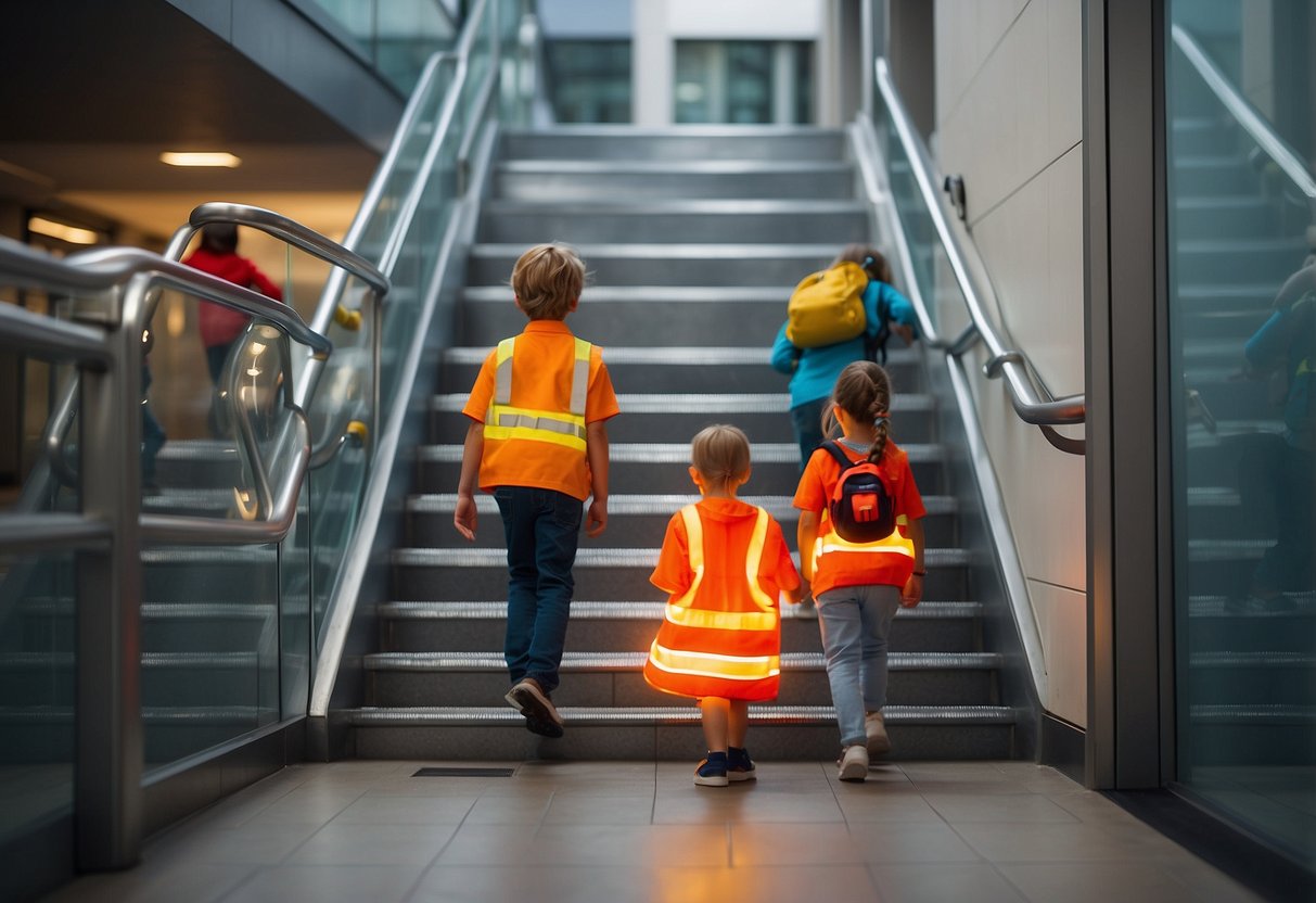 Children using stairways with fire safety signs, avoiding elevators. Clear signage, bright colors, and simple illustrations. Safe and engaging environment