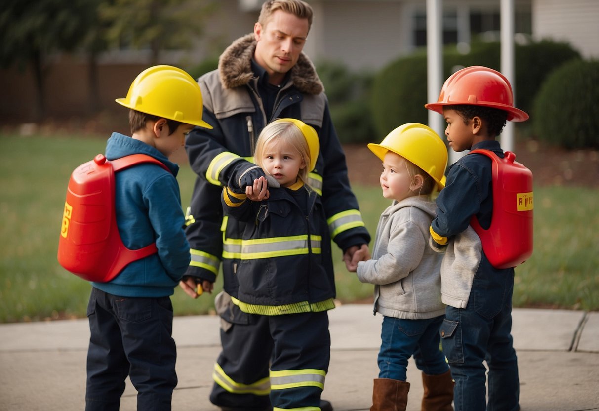 Children gathered around a firefighter demonstrating fire and electrical safety tips using props and visual aids