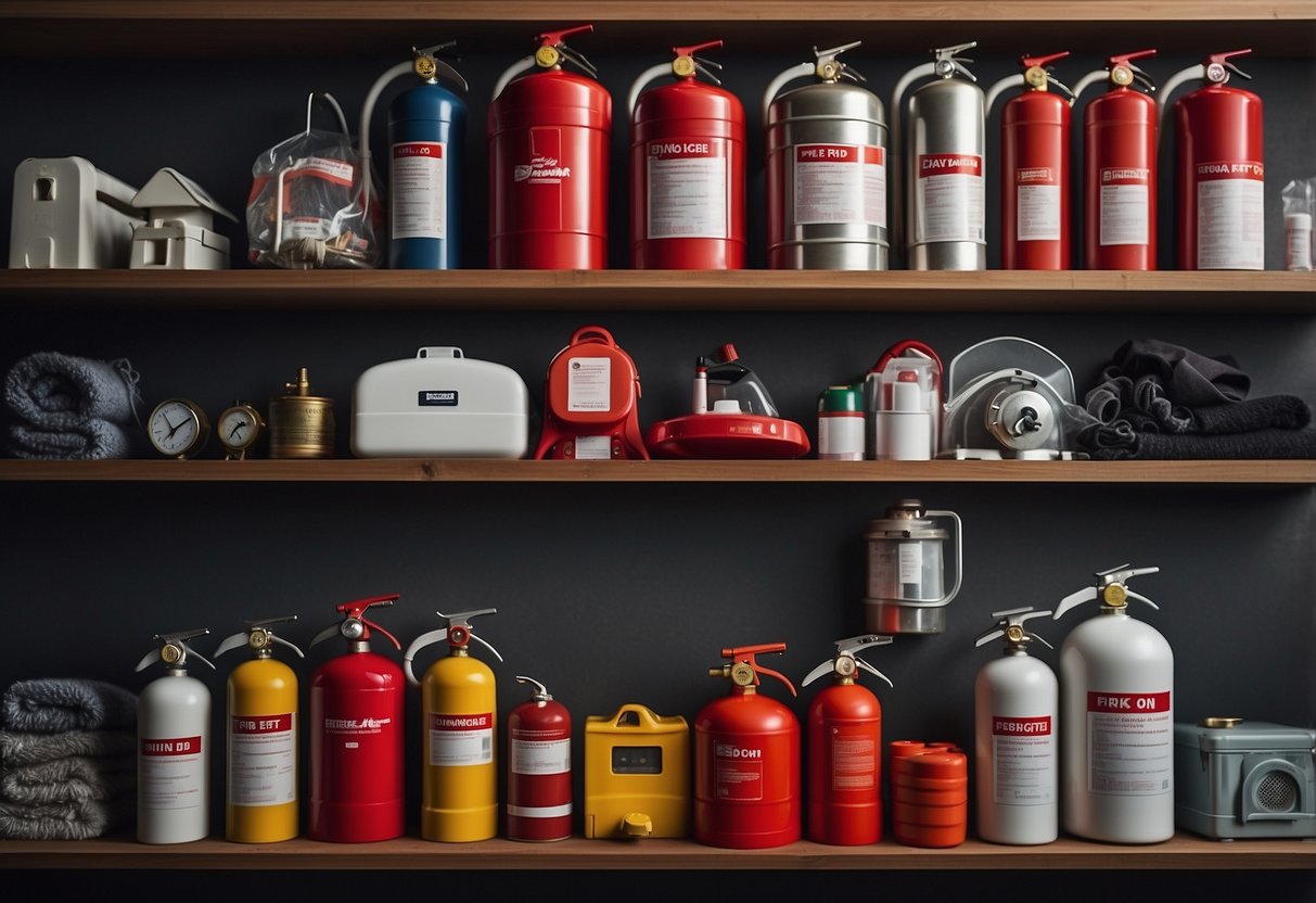 A home with a fire extinguisher, smoke alarms, fire blankets, escape ladders, carbon monoxide detectors, fire-resistant safe, fireproof gloves, first aid kit, emergency flashlight, and fire escape plan displayed