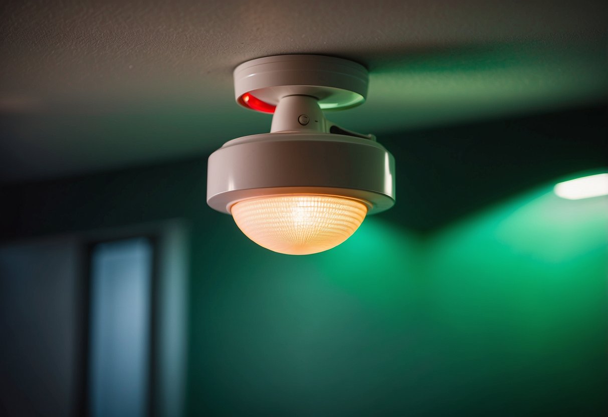 A smoke detector mounted on a ceiling, with a green light indicating it is functioning. Nearby fire safety tools include a fire extinguisher, fire blanket, and escape ladder