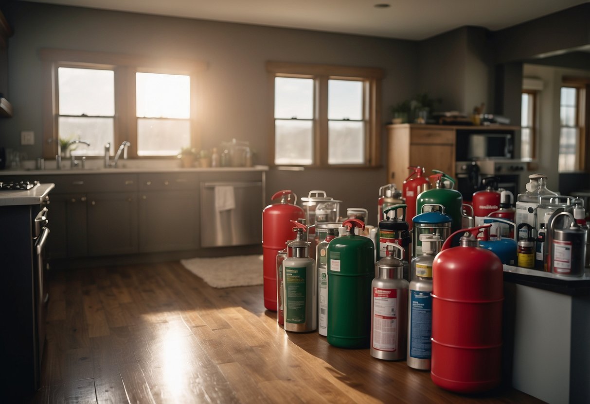 A home with smoke alarms, fire extinguishers, fire blankets, escape ladders, and first aid kits strategically placed in key areas