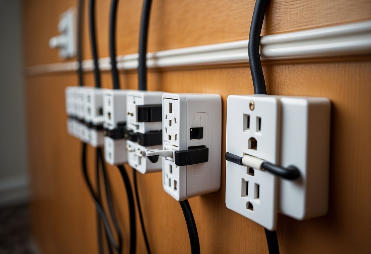 Electrical outlets with safety caps, cord organizers, outlet covers, cord shorteners, and furniture anchors. All items are securely in place