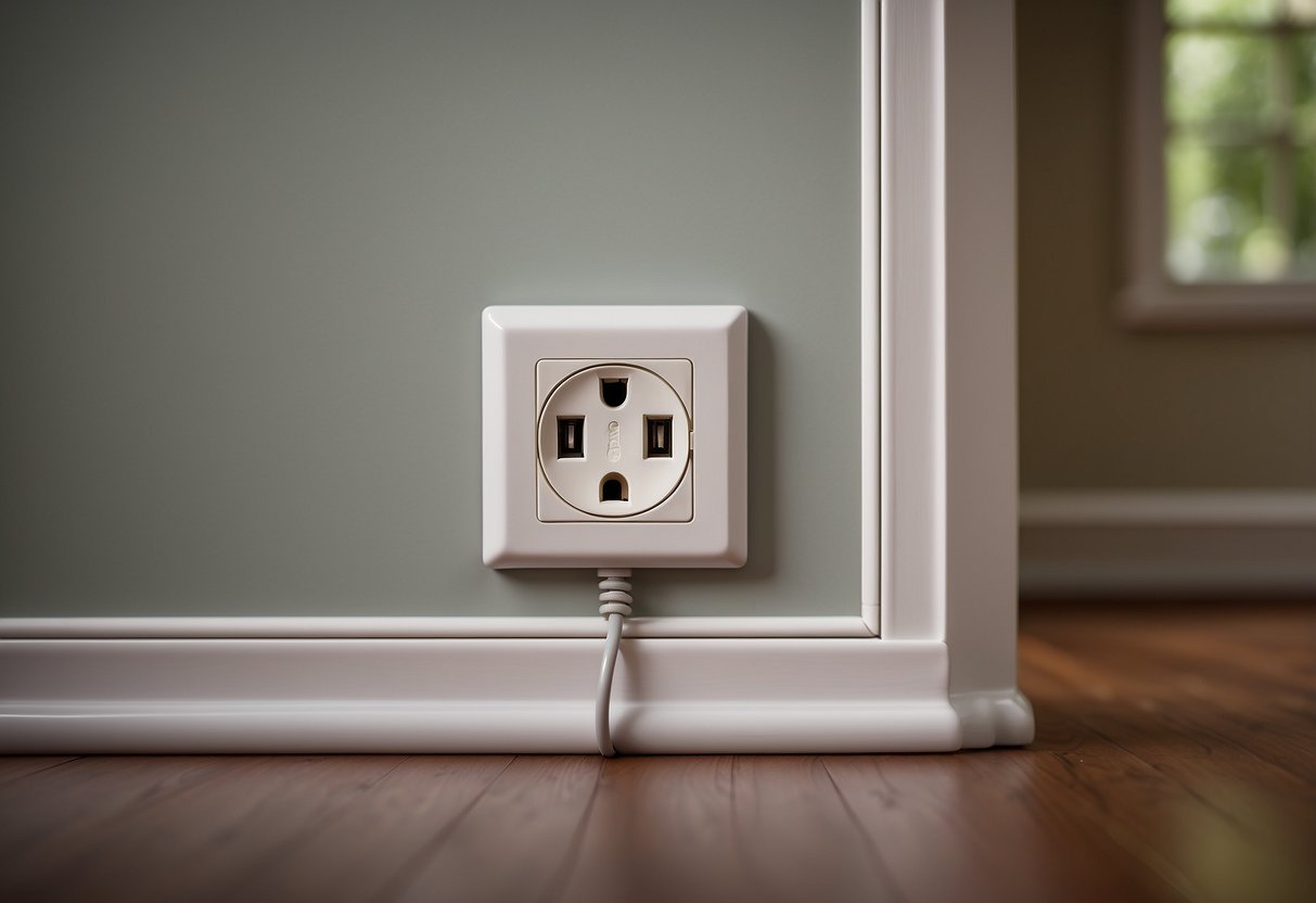 A childproofed electrical outlet with a sliding cover to protect from cords, illustrated in a home setting