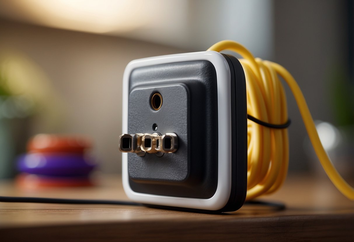 A childproofed electrical outlet with cord winders in use, safety caps, outlet covers, and cord shorteners in a child-friendly environment