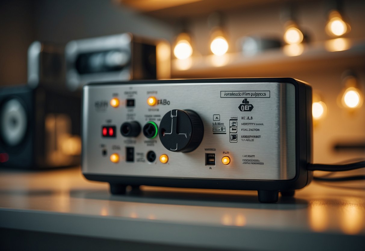 A well-lit room with organized cords, grounded outlets, safety plugs, and clear warning labels on electrical appliances